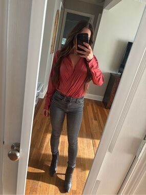 Satin Wrap-Front Blouse in Rose - Women's Long-Sleeve bodysuit small